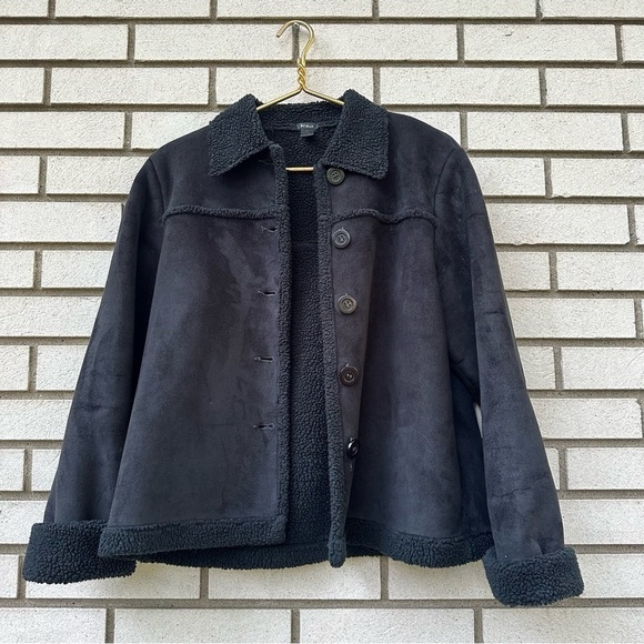 Kiko Faux Suede Sherpa Lined Black Jacket Cozy Soft Fleece Button Front Medium - Picture 2 of 9